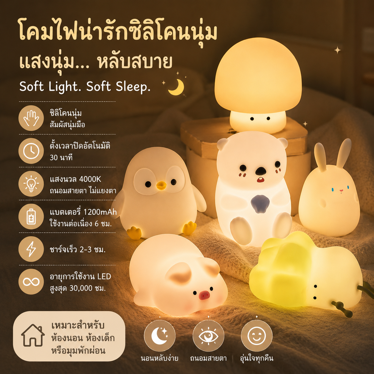 โคมไฟ LED ซิลิโคน แสงอบอุ่น ชาร์จ USB-C